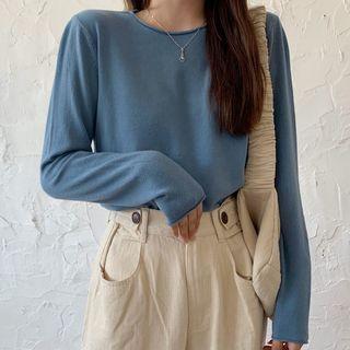 Long-sleeve V-neck Knit Plain Top