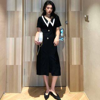 V-neck Short-sleeve Midi Dress Black - One Size