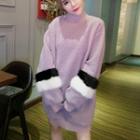 Mock-neck Faux-fur Trim Fleece Pullover Dress