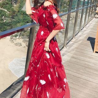 Printed Cold-shoulder Maxi A-line Dress