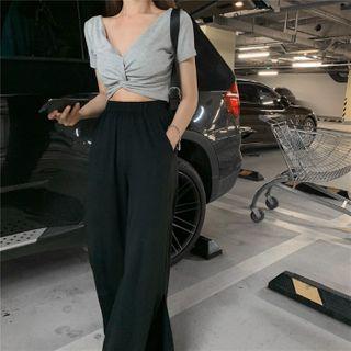 Short-sleeve Wrap Crop Top / Wide-leg Pants
