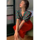 Puff-sleeve Floral V-neck Shirt / High-waist Midi Skirt