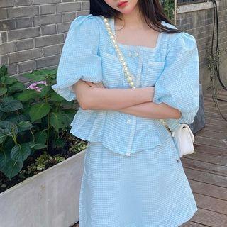 Puff-sleeve Button-up Blouse / Mini A-line Skirt