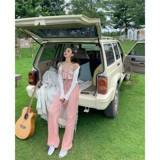 Floral Sleeveless Top / Striped Light Cape / Pleated Pants