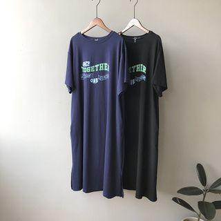 Lettering Short-sleeve Midi A-line T-shirt Dress