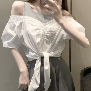 Cold-shoulder Mock Two-piece Blouse White & Gray - One Size