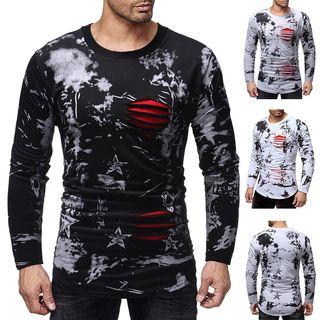 Long-sleeve Printed Ripped T-shirt