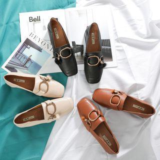 Genuine Leather Square Toe Pompom Loafers
