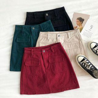 Plain High-waist Double-breasted A-line Skirt