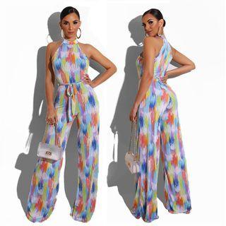 Halter-neck Printed Wide-leg Jumpsuit