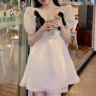 Short-sleeve Bow Accent A-line Dress Almond - One Size