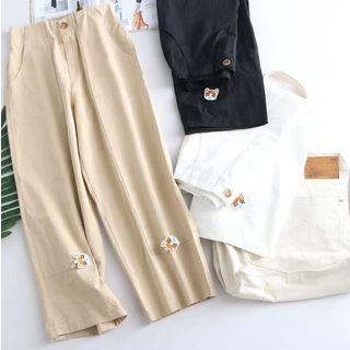 Cat Embroidery Cropped Pants