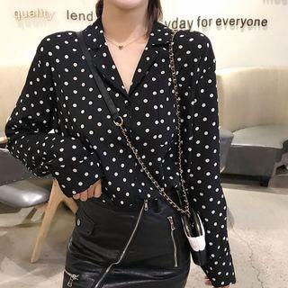 Long-sleeve Polka Dot Chiffon Blouse Black - One Size
