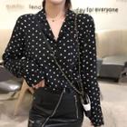 Long-sleeve Polka Dot Chiffon Blouse Black - One Size