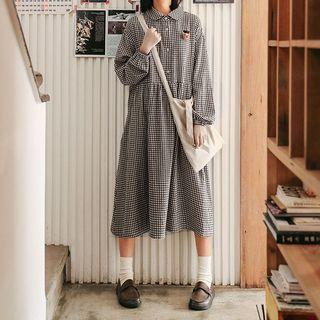 Long-sleeve Gingham Midi A-line Shirtdress