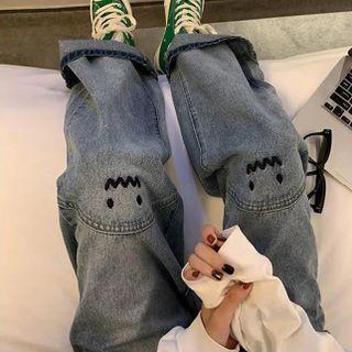 Smiley Face Embroidered Loose Fit Jeans