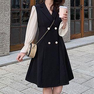 Mesh-sleeve Double-breasted Mini A-line Coat Dress