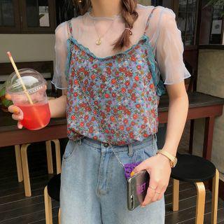 Set: Floral Camisole Top + Sheer Short-sleeve Top