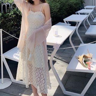 Open Front Light Jacket / Lace Spaghetti Strap Midi A-line Dress / Set