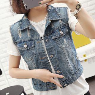 Buttoned Ripped Denim Vest