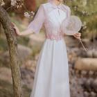 Set: Elbow-sleeve Frog-buttoned Light Jacket + Sleeveless Midi A-line Qipao Dress