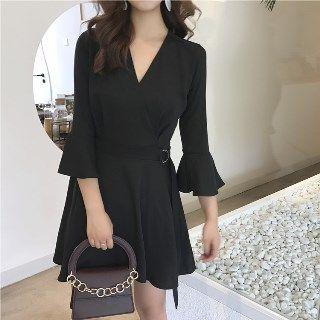 Long-sleeve V-neck Ruffled Dress