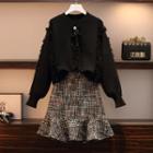 Fringed Trim Sweater / Plaid Mini A-line Skirt / Set