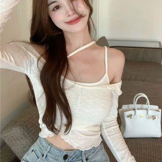 Set: Long-sleeve Off-shoulder Knit Crop Top + Cropped Camisole Top