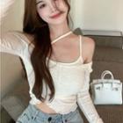 Set: Long-sleeve Off-shoulder Knit Crop Top + Cropped Camisole Top