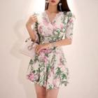 Elbow-sleeve Lace Panel Floral Print A-line Dress