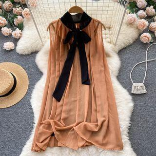 Set: Sleeveless Tie Neck A-line Dress + Slipdress