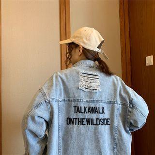 Letter Embroidered Ripped Denim Jacket