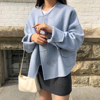 Round-neck Pocket-detail Wool Blend Jacket