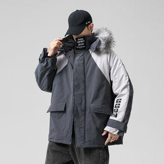 Faux Fur Hooded Color Block Lettering Padded Coat