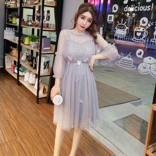 Set: 3/4-sleeve Midi A-line Mesh Dress + Spaghetti Strap Mini Dress