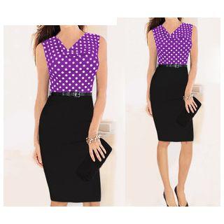 Polka Dot Mock Two Piece Sheath Dress With Belt