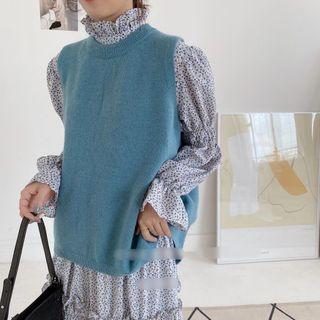 Set: Floral Ruffle Trim Midi A-line Dress + Knit Vest