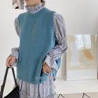 Set: Floral Ruffle Trim Midi A-line Dress + Knit Vest