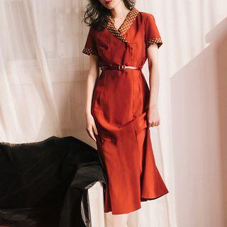 Dotted Panel Short-sleeve Midi Sheath Dress