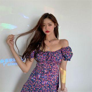 Off-shoulder Floral Print A-line Mini Dress Dress - Floral - Purple - One Size