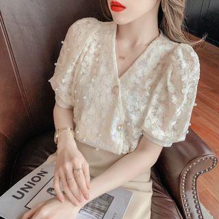 Short-sleeve Faux Pearl-accent Floral Blouse