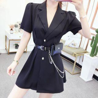 Short-sleeve Single-breasted Mini A-line Blazer Dress With Belt