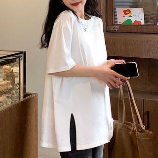 Short-sleeve Side-slit T-shirt White - One Size