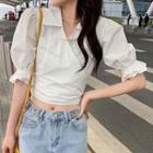 Puff-sleeve Plain Lace-up Cropped Blouse