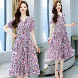 Short-sleeve Floral Ruffle Trim Midi A-line Dress