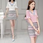 Set: Short-sleeve V-neck Paneled Top + Printed A-line Skirt