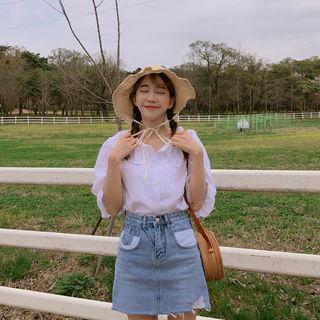 Eyelet-lace Collar Frill-sleeve Blouse Ivory - One Size