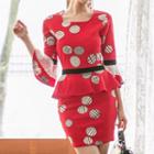 3/4-sleeve Patterned Frill Trim Mini Peplum Dress
