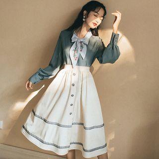 Set: Floral Embroidered Tie-neck Blouse + Midi A-line Skirt