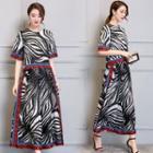 Set: Elbow-sleeve Patterned Top + Wide Leg Pants